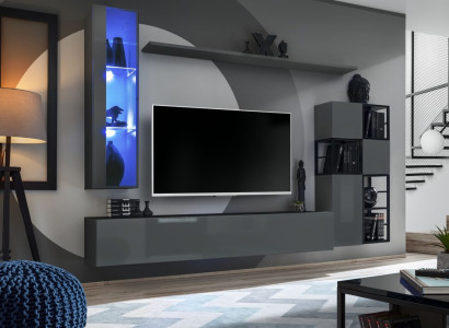 Designer Gray Wall Unit Hanging Display Cabinet TV Stand Complete High Gloss Sideboard